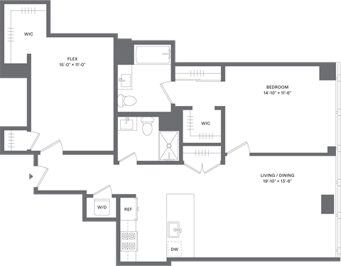 Floor plan for 1 bed, 2 baths, 1121 sqft